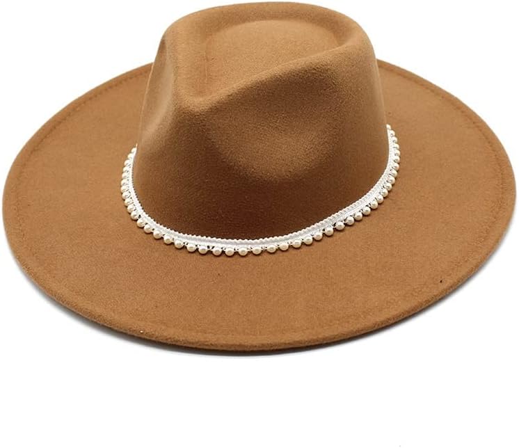 Pearl Hats for Women Luxury 9 cm Big Brim Jazz Fedora Hats Party Wedding Hats for Woman Elegant Church Cap (Color : Camel, Size : One Size)