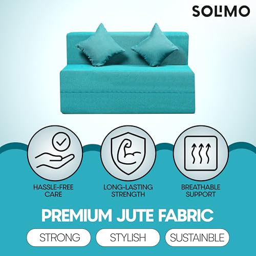 Image of Amazon Brand - Solimo 2 Seater 4 * 6 Jute Fabric Washable Cover Sofa Cum Bed with 2 Cushion 2 Seater Double Foam Fold Out Sofa Cum Bed (Finish Color - Sky Blue Delivery Condition - Pre-Assembled)