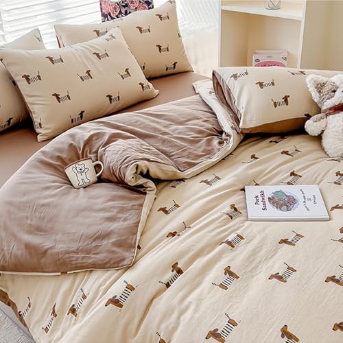 Sedefen Bettwäsche 135x200cm Dackel Beige Braun Wendebettwäsche Set 2 Teilig Wursthund Dackel-Motiv Bettwaren-Sets Microfaser ÖKO-TEX Bettbezug mit Reißverschluss und 1 Kissenbezug 80x80cm