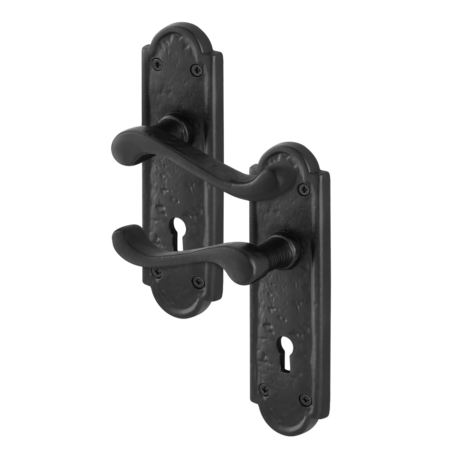 EAI Black Antique Door Handles Key Lock, 1 Pair of Cast Iron Scroll Shaped Backplate Internal Handles and Lock 64mm, Alton