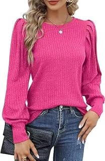 Women's Soft Knitted Blouse - Lightweight Round Neck Puff Sleeve Pullover Sweater