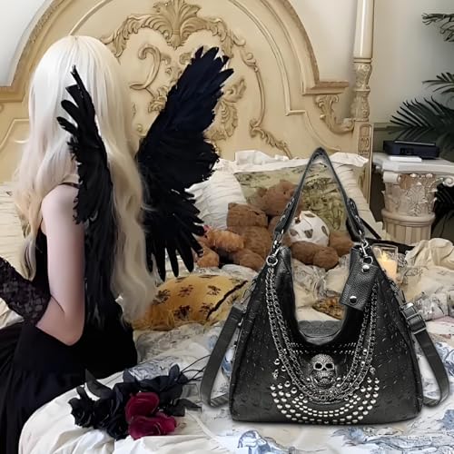 Skull Handbag, 14x6x13 Soft Washed Leather Skull Purse with Heavy Duty Zipper & Adjustable Shoulder Strap, Gothic Carrier for Work, Shopping, School, Travel2