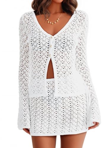 Fisoew Womens Crochet 2 Piece Cover Up V Neck Bell...