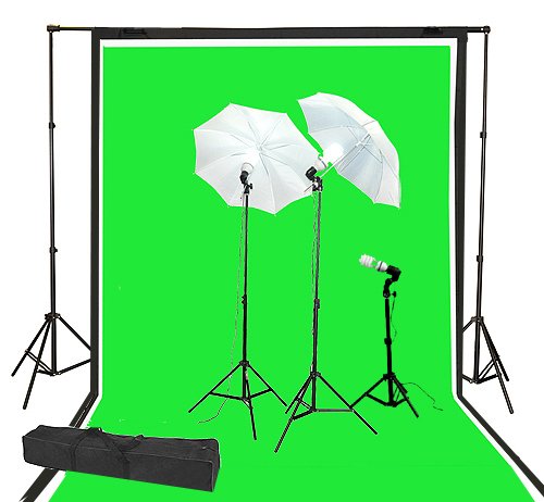 ephotoinc ePhoto 3 Photography Video Portrait Light Lighting Kit with 3pcs 6 x 9 ft Muslin Chromakey Green, Black, White backdrops with Backdrop Background Support Kit 1020K103GBW