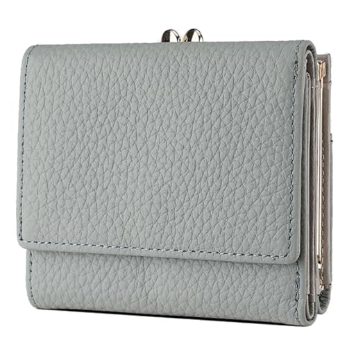 Mini Tri-Fold Wallet for Women, Ladies RFID Blocking Credit Card Holder, Genuine Leather Compact Coin Purse with 8 Card Slots & Kiss-Lock Coin Pocket - Pale Blue