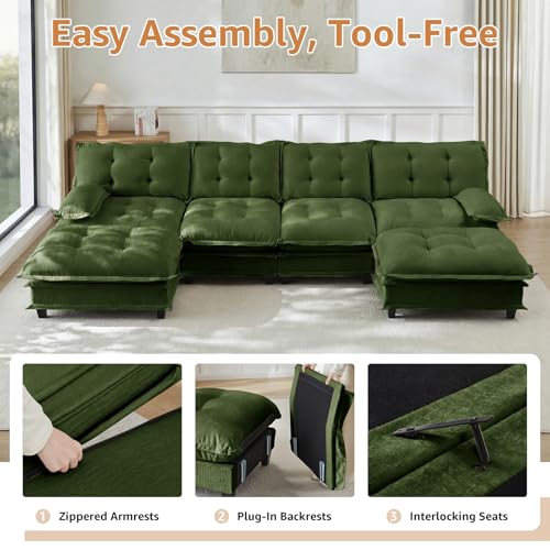 Image of 77 inch L-Shaped Sectional Couches for Living Room, Green 2 Seater Modern Chenille Deep Seat Sofa Set, Salas para Casa, High Back Love Seat Couches, Cloud Modular Sectional Sets with Ottoman