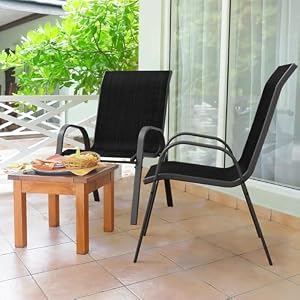 Amopatio 4er Set Gartenstühle Stapelbar, Hochlehner Stapelstühle aus Textilene und Metallgestell, Terrassenstühle Balkonstuhl mit Armlehnen Wetterfest, 60 x 72 x 96 cm, Schwarz