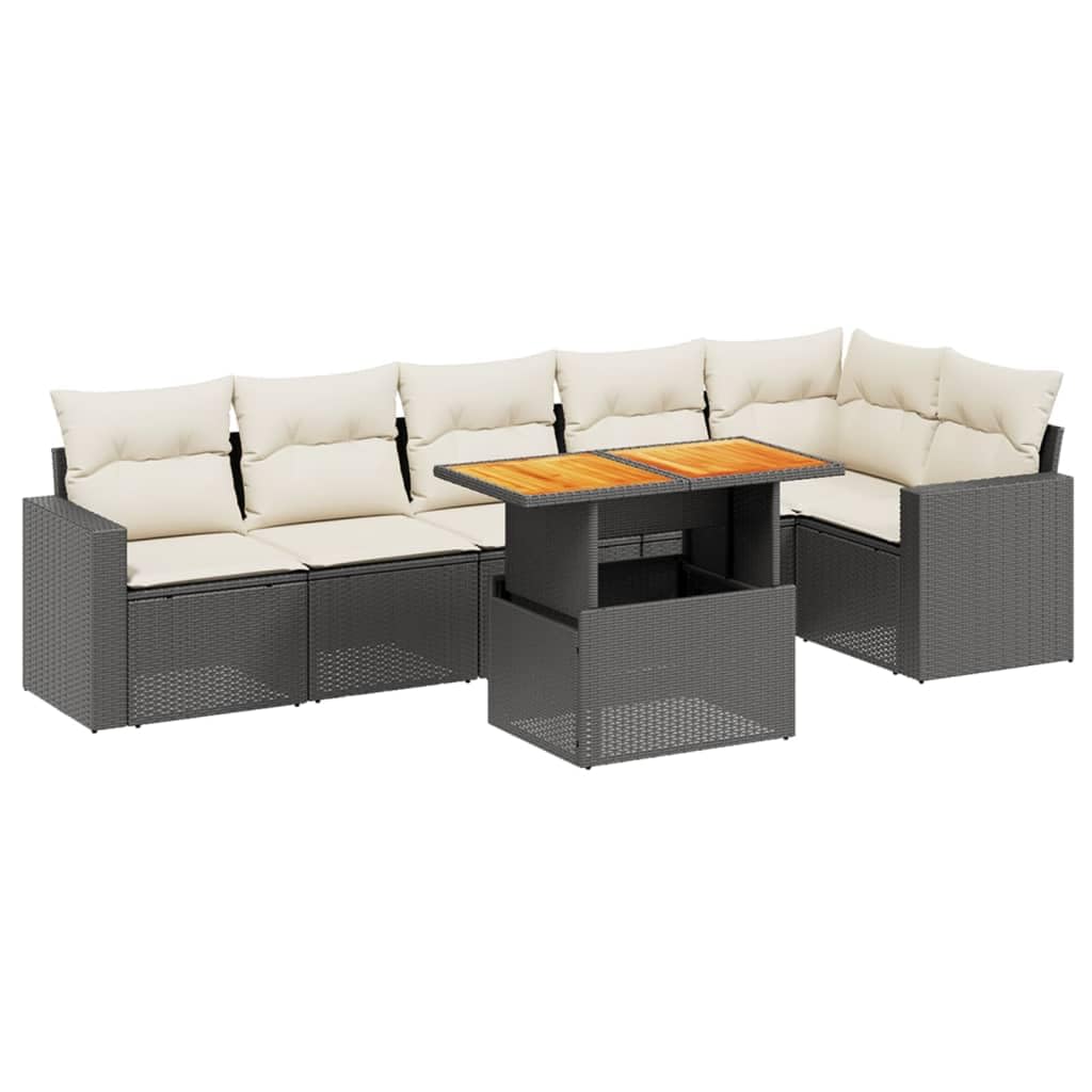 Juego de sofás de jardín de polirratán de 7 piezas con mesa regulable en altura, madera de acacia, juego modular para terraza y jardín, incluye cojines