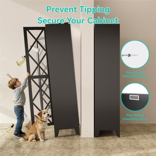 Image of Metal Storage Cabinet with Glass Doors and Adjustable Shelves | 71 inch Tall Pantry Cabinet for Kitchen Dining Room Bathroom Garage,Black,1 Pce