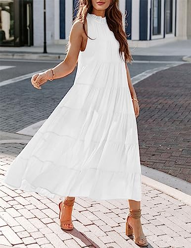 Image of HAEOF Women's Summer Sleeveless Halter Midi Maxi Dress Casual Loose Fit Pleated Tiered Flowy Beach Vacation Long Sundress