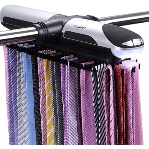 Primode Motorized Tie Rack Closet Organizer with LED Lights Includes J Hooks for Wired Shelving Stores Up to 72 Ties & 8 Belts Operates with Batteries Cover