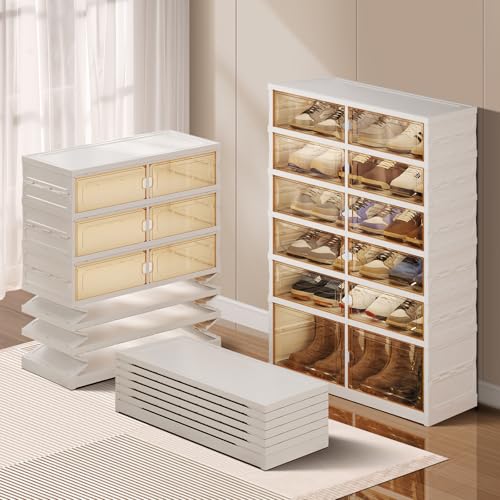 Image of CIMLORD 6-Tier Foldable Shoe Rack Organizer for Closet, 18 Pairs Collapsible Plastic Shoe Shelf, Large Shoes Cabinet with Door, Clear Stackable Storage Box Easy Assembly White