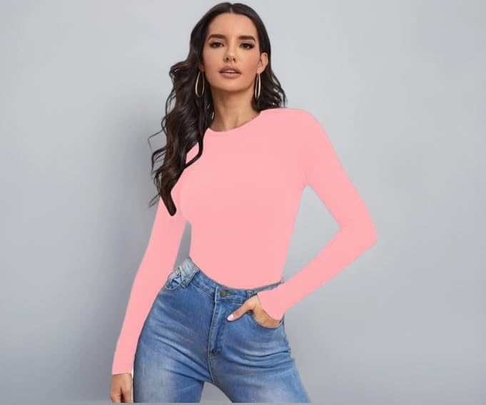 Dream Beauty Fashion Polyester Blend Women's Casual Round Neck Long Sleeves Stylish Slim Fit Top, 23" Inches (BZF-Top-Empire-P)