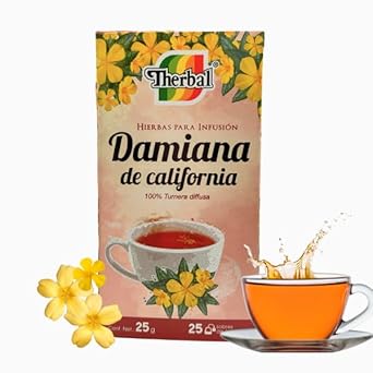 شاي الأعشاب Therbal Damiana de California 25 كيس شاي | 100% Turnera diffusa | مشروب خالٍ من الكافيين