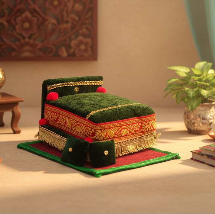 Image of RD Handicraft Thakur ji Bed, Laddu Gopal ji Bed, Bal Gopal ji Bed with Blanket Silk All Purpose ChowkII |Green (17x16x10 cm)