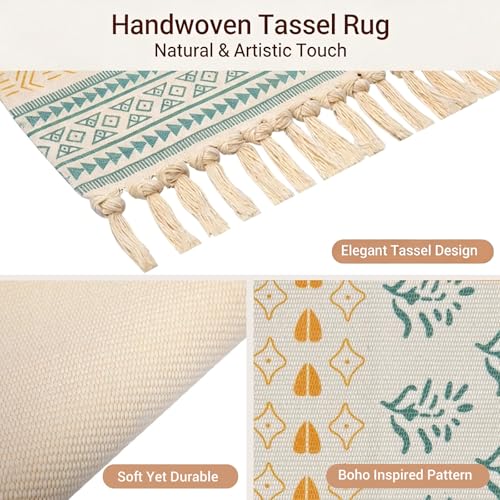 Boho Teppich klein 58 x 88 cm, Baumwolle Teppich Waschbar mit Quasten, Schmaler kleiner Baumwollteppich für Wohnzimmer Schlafzimmer Flur, Handgewebter Boho Stil Teppich, Ethno Muster