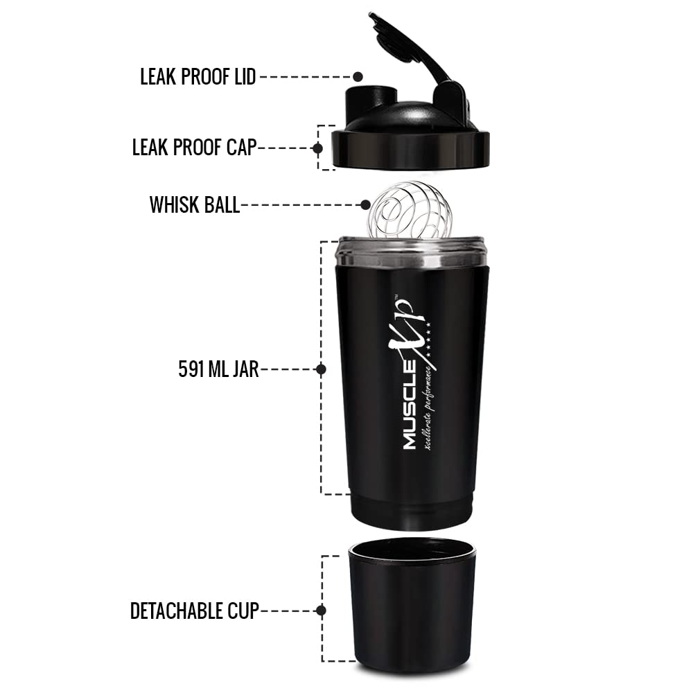 MuscleXP Gym Shaker Classic XP Mixer Mélangeur en acier inoxydable avec rangement, 100 % étanche, 591 ml + 200 ml pour protéines, pré-entraînement et BCAA, matériau sans BPA + boule à ressort (noir)