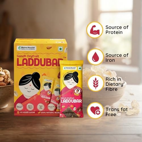 Image of LADDUBAR - Gond Dryfruit Laddubar by Mamanourish (Pack of 12 x 35 g) | as Seen on Shark Tank | Gond, Cow Ghee, Dates and Dry Fruits | Postpartum Dry Fruit Bar | Gondh Laddu for Everyone