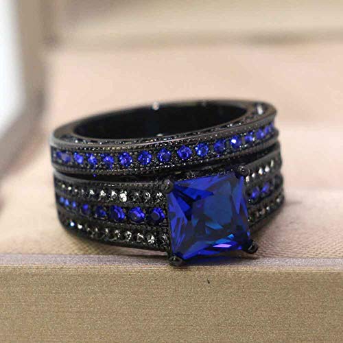 Bridal Sets Luxury Black Gold Plated Womens Wedding Ring Sets Princess cut 8mm Blue Cz Engagement Ring Sets3