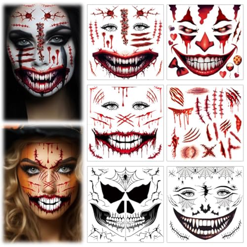 6 fogli tatuaggio per il viso di Halloween, tatuaggi temporanei, tatuaggi di Halloween con teschio da incollare per il viso, tatuaggio scheletro zombie clown diavolo e strega, accessori per Halloween