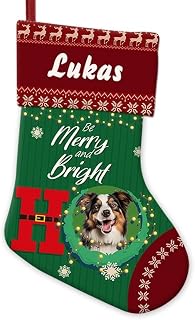 Australian Shepherd Dog Decor Christmas Stocking Be Merry and Bright Decor Crimson and Green Hanging Stockings for Home Party Decor 14.4"