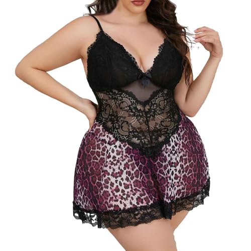 Conjunto de camisón de Encaje Transparente con Estampado de Leopardo de Color sólido para Mujer (Purple XXXL)