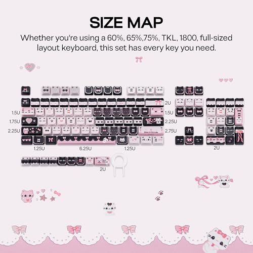 Image of KiiBOOM Cute Cat Keycaps Set, Mao Profile, Cat Shape | PC+ABS Keycap for MX Switch Mechanical Keyboard, Compatible with 60%, 65%, 75%, TKL, 96%, Full-Sized Layout (Meow Bow)