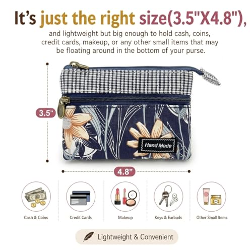 Image of Women Small Zipper Coin Purse, Handmade Fabric Flower Embroidered Change Pouch, Cotton Double Zipper Wallet