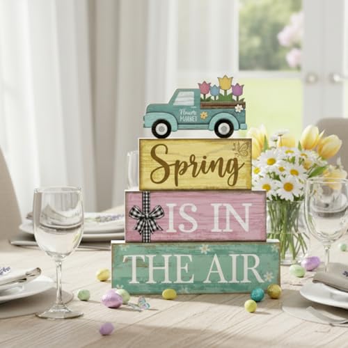 Image of Moucuny 4 Pcs Spring Table Decor Wooden Blue Truck Decoration Flower Centerpiece Spring Tiered Tray Decor Decorative Colorful Flower Block Signs Gift Farmhouse Decoration for Home Kitchen