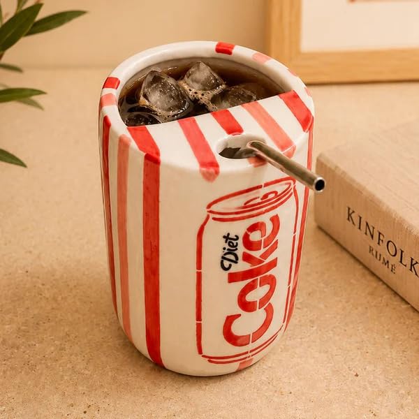 Image of OCEAN STORE Handmade Ceramic Diet Coke Can Fizz Sipper Mug with Stainless Steel Straw, 500 ml, Microwave & Dishwasher Safe (Set of 2)