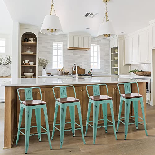 Shineboom Bar Stool Metal Bar Stools Set Of 4 Industrial Counter Height Bar Stools, Distressed Swivel Bar Stools With Back And Wooden Seat 26" Bar Stools Counter Height, Blue #TOP6