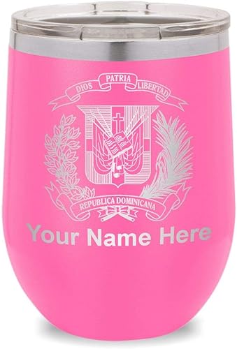 Wine Glass Tumbler, Coat of Arms Dominican Republic, Personalized Engraving Included (Pink)