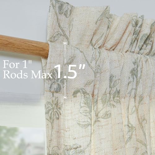 Image of jinchan Floral French Door Curtain Panel Farmhouse Decor Light Filtering Linen with Tie Up Bow for Glass Door or Patio 72 Inch Length Rod Pocket 1 Panel Green on Linen