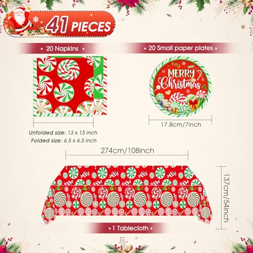 Image of 41 Pcs Peppermint Party Tableware Set Include Christmas Candy Cane Paper Plates Napkins and Plastic Tablecloth Red Green Christmas Candy Winter Party Decor for Holiday Xmas