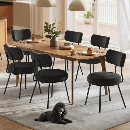 Image of VASAGLE Boucle Dining Chairs Set of 6, Upholstered Kitchen Dining Room Chairs with Curved Backrest and Steel Frame, Modern Mid Century, Round, for Vanity, Living Room, Ink Black UKDC110B16