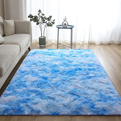 Dweike Fluffy Area Rugs For Bedroom Living Room, 3X5 Feet Indoor Carpets For Boys Girls Teenagers And Adults, Tie-Dyed Fuzzy Plush Rugs, Super Soft Kids' Rugs, Nursery Decor Rugs, Blue #TOP5