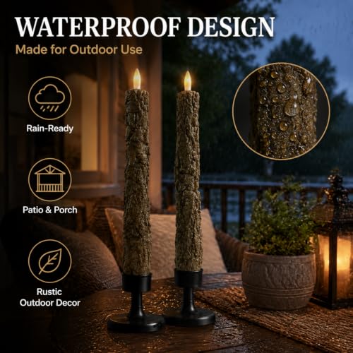 Image of Tree Bark Flameless LED Taper Candles, 10 Inch Flickering Wax Candles with Remote & Timer, Battery Operated Dripless Tapered Candle for Home Wedding Decor, 2Pack