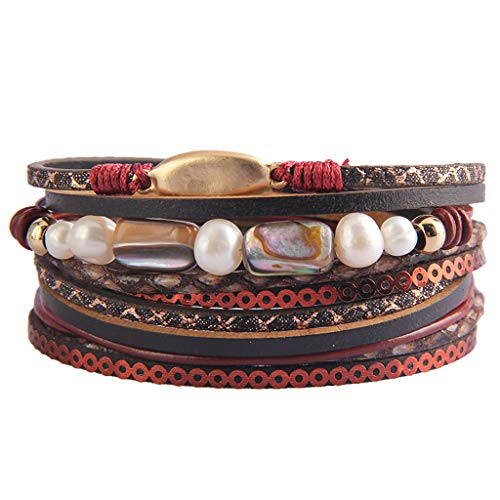 GelConnie Baroque Pearl Leather Wrap Bracelet for Women Gold Plated Magnetic Multilayer Bohemian Bracelet Boho Handmade Pearl Jewelry for Teens Girls, Sister, Wife