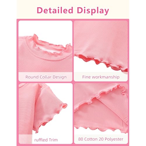 Image of Girls Summer Lettuce Trim Ribbed Knit Short Sleeve T-Shirts Solid Color Casual Blouse Tops