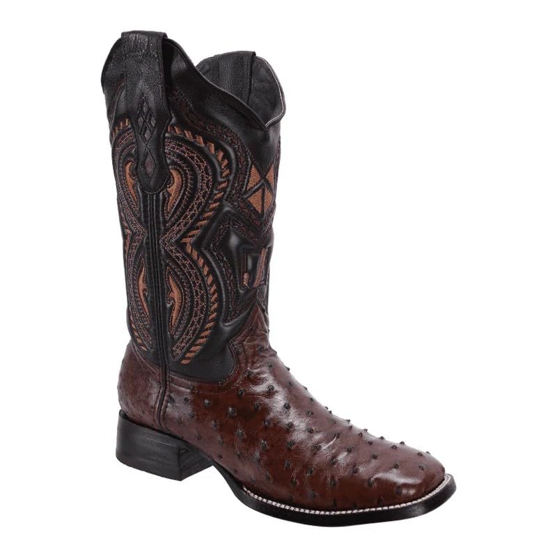 Men’s Genuine Leather Exotic Full Quill Ostrich Print Square Toe Cowboy Western Boots - Brown (Brown, US Footwear Size System, Adult, Men, Numeric, Medium, 10)