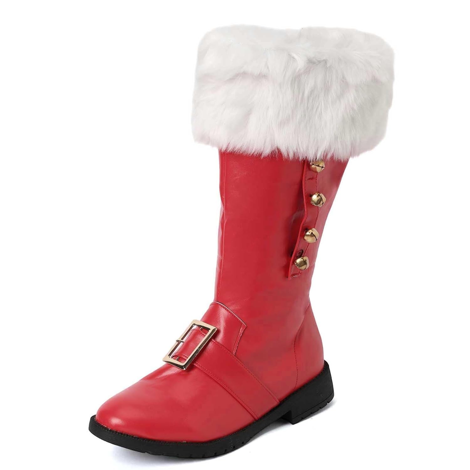 Womens Christmas Faux Fur Chunky Heel Ankle Boots Buckle Strap Booties with Fur Trim Santa Costume Cute Cosplay
