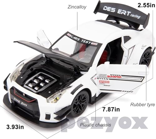 Image of 1 /24 Scale Compatible for Nissan GTR Model Car Toy, Zinc Alloy Pull Back Toy car with Sound and Light for Kids Boy Girl Gift (White)