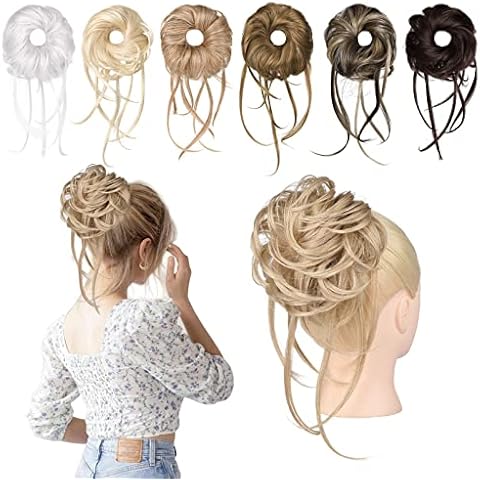 REECHO Messy Bun Hair Piece, 1PC Super Long Tousled Updo Hair Bun Extensions Wavy Ponytail Hair Scrunchies with Elastic Band Hair Accessory for Women - Medium Blonde with Pale Highlights Cover