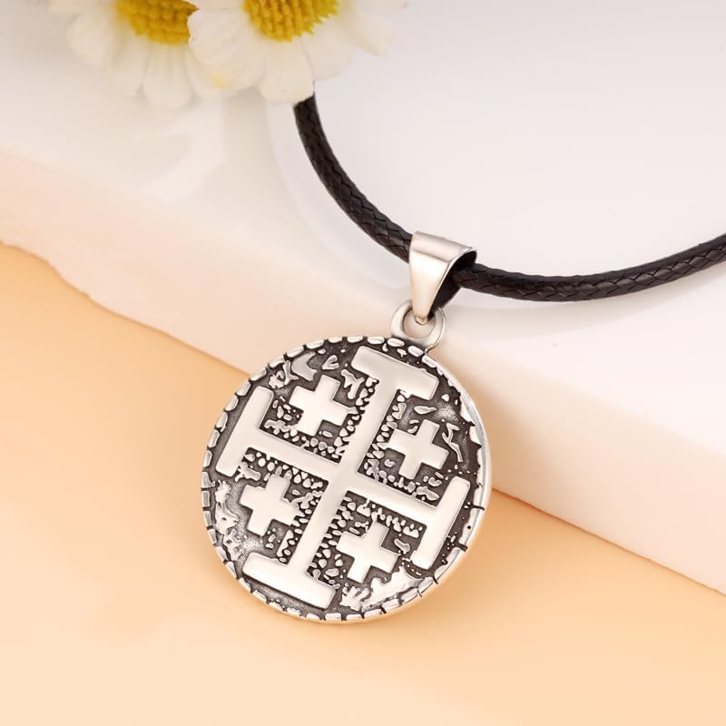 Jerusalem Cross Necklace for Men & Women – 925 Sterling Silver Two-Sided Holy Sepulchre & Jerusalem Cross Pendant | Adjustable Leather Cord – Christian Gift, Christmas Gift for Men & Women - Image 2