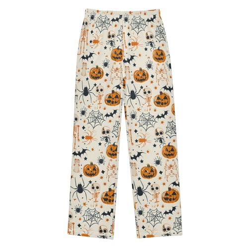 Halloween Pajama Pants Pumpkin Skull Bat Beige Long Sleep Pants Lounge Bottoms