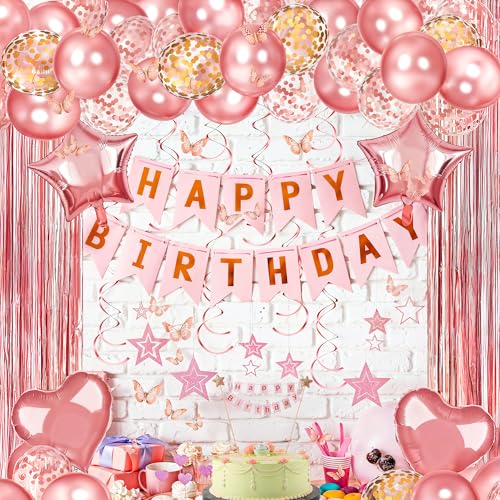 Image of Party Propz Rose Gold Birthday Decoration Kit for Girls - 45Pcs Happy Birthday Banner & Rose Gold Balloons for Decoration, Rosegold Foil Curtain & Swirls, Cake Toppers For Cake Decoration (Cardstock)