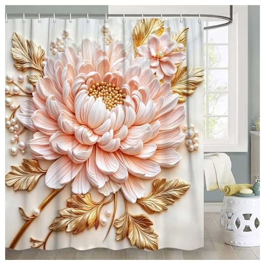 Xguatan Cortina de chuveiro floral rosa e dourada elegante, decoração de banho luxuosa com design minimalista moderno e detalhes em pérola, conjunto de cortina de chuveiro impermeável e lavável com 12