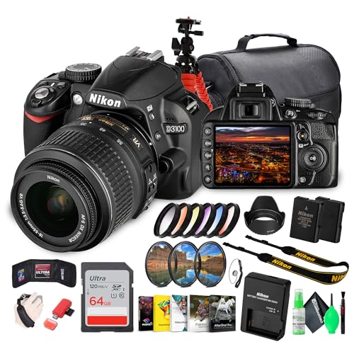 Nikon D3100 DSLR Camera Kit with 18-55mm VR Lens – Beginner-Friendly & Compact (25472) + Photography Software + Camera Bag + 64GB Memory Card + Flexible Tripod + Cleaning Kit + Hand Strap + More