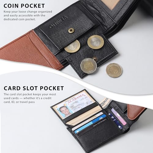 Image of VEMILIO Men's Vegan Leather Wallet for Men | Edge Cut Slim Bi-Fold Gents Purse | Stylish Wallet with Coin Pocket | 3 Card Slots | ID Window & 2 Currency Compartments (Brown & Black)