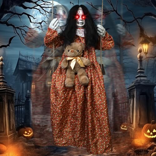 Scary Halloween Decorations Outdoor, Halloween Hanging Swinging Girl Ghots Decor with Creepy Sound and Light Up Eyes Sound, Creepy Props for Yard Trees Graveyard Haunted House Indoor Outside
